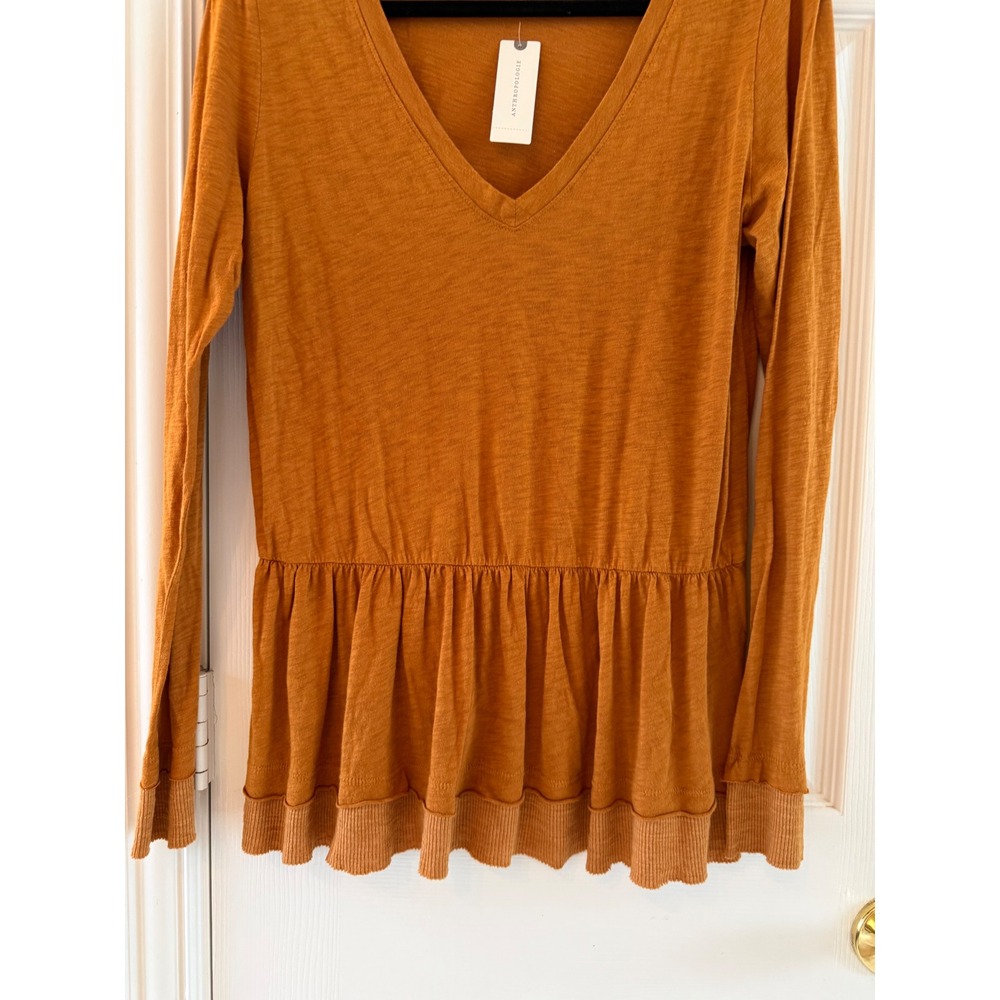 Anthropologie t.la Peplum V Neck Long Sleeve Top Rust Caramel NWT Medium - Picture 3 of 8